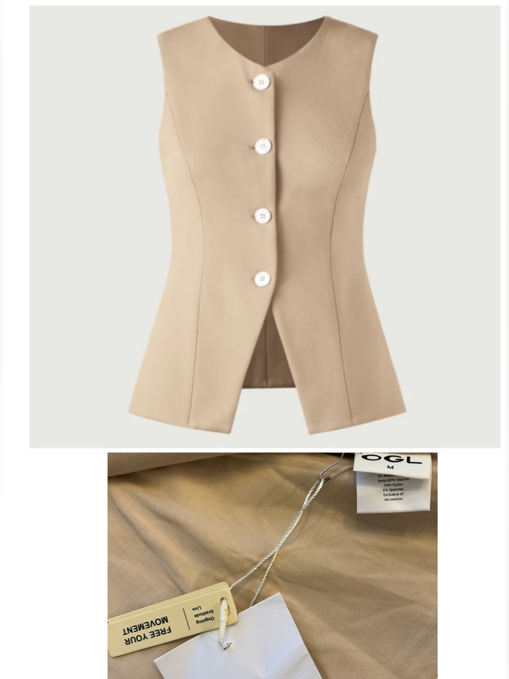 OGL Beige Waistcoat Longline Button Up Vest Size Medium NWT New